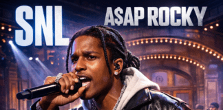 A$AP Rocky SNL Performance: Don’t Be Dumb Tracks A$AP Rocky performing live on SNL’s Studio 8H stage, rapping into a mic under dramatic concert lighting.