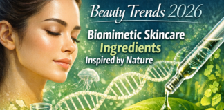 Beauty Trends 2026: Biomimetic Skincare Ingredients Beauty Trends 2026 banner featuring biomimetic skincare ingredients inspired by nature, with leaves and skincare bottles