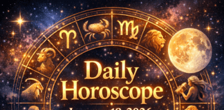 Colorful zodiac wheel with symbols and stars promoting uplifting daily horoscope for January 18, 2026