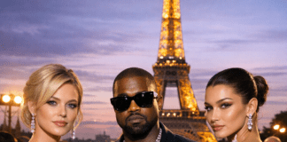 Three Paris Fashion Week celebrities pose in stylish outfits before the illuminated Eiffel Tower at dusk