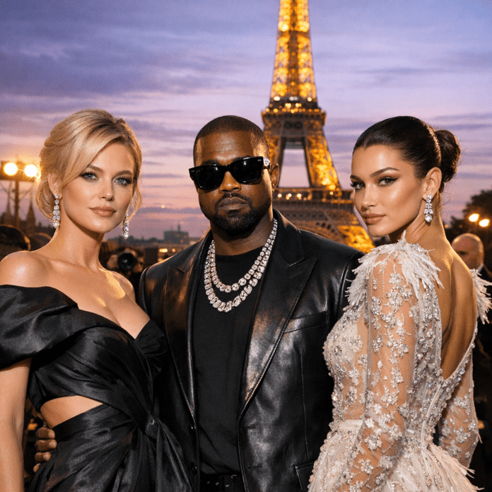Paris Fashion Week Celebrity Looks at Eiffel Tower Three Paris Fashion Week celebrities pose in stylish outfits before the illuminated Eiffel Tower at dusk