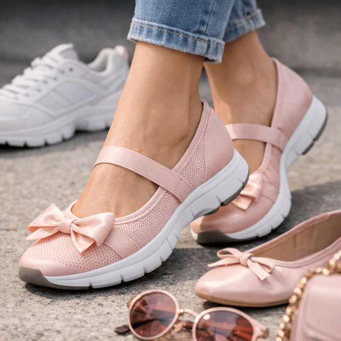 Pink Sneakerina Hybrid Shoes with Bow Detail Pink sneakerina shoes with bow detail worn with jeans, styled with sunglasses and a handbag