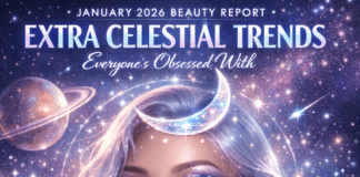 January 2026 Beauty Report: Extra Celestial Trends Model with shimmering cosmic makeup and starry eyeliner for January 2026 extra celestial beauty report
