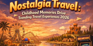A nostalgic travel scene with childhood toys, a vintage arcade, and a sunset amusement park highlighting 2026 travel trends.