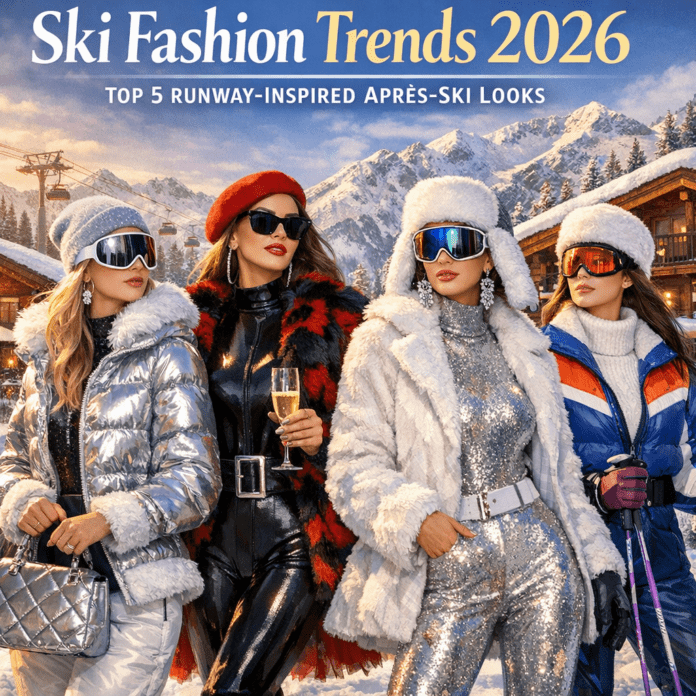 Models in 2026 ski fashion trends, wearing chic runway-inspired après-ski outfits with bold colors and luxe layers