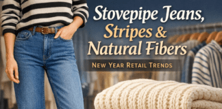 Stovepipe Jeans, Stripes and Natural Fibers Trends Illustration of Stovepipe Jeans, Stripes and Natural Fibers: New Year Retail Trends