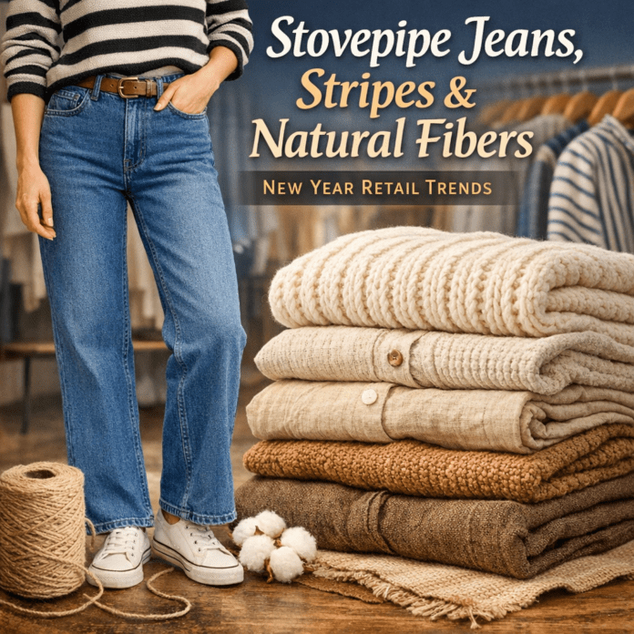 Stovepipe Jeans with Stripes and Knits Illustration of Stovepipe Jeans, Stripes and Natural Fibers: New Year Retail Trends