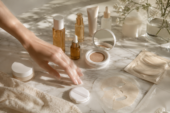Glass Skin K-Beauty 2026 — The Complete Routine Curated collection of K-beauty skincare products including PDRN serums, cushion foundations, and toner pads arranged on marble for a glass skin routine guide