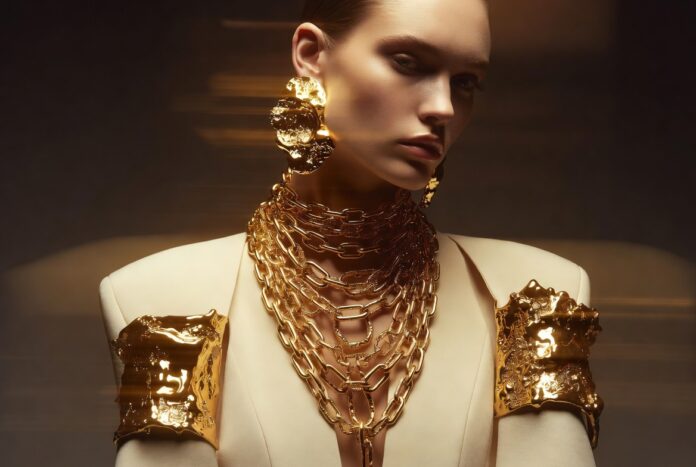 Sculptural Gold Jewelry Luxury Trend 2026 Model styling sculptural gold jewelry with oversized statement accessories in 2026 luxury fashion