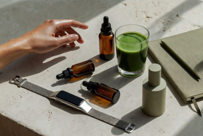 The Longevity Lifestyle — Wellness Trends 2026 Curated wellness lifestyle flat lay with wearable tracker, supplement bottles, green smoothie, and skincare serum representing the longevity biohacking movement in 2026