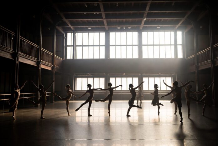 American Ballet Theatre-inspired principal dancers rehearsing in luxury editorial studio setting