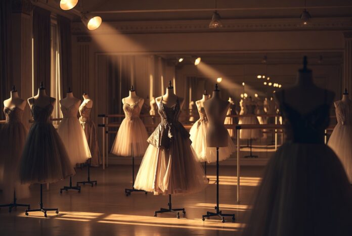 Ballet luxury fashion inspired couture silhouettes inside an elegant rehearsal studio