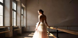 Why Luxury Fashion Brands Are Obsessed With Ballet Again Model in a layered blush tulle gown and ribbon-tied ballet flats posed at a barre in a sunlit ballet studio, illustrating the ballet luxury fashion trend dominating 2026 couture and runway collections.
