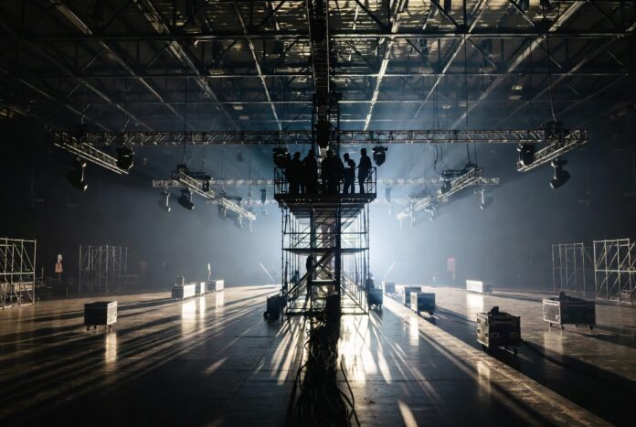 Behind the Scenes: What Fashion Week Production Costs — Runway Magazine Production crew setting up lighting rigs and staging inside a fashion week show venue, representing the behind the scenes costs of runway show production