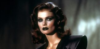 Model styled in dark glamour fashion with cinematic makeup inspired by Bella Hadid runway aesthetics