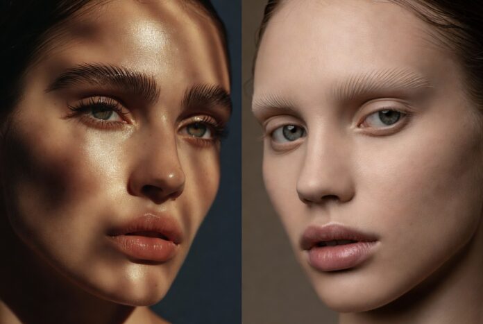 Bold Brows vs Bleached Brows: The Runway Debate — Runway Magazine Split editorial beauty image showing bold brows vs bleached brows representing Runway Magazine's complete guide to both runway brow trends