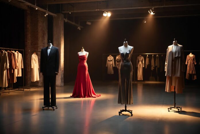 Four designer fashion looks displayed in a dramatically lit atelier, representing Runway Magazine's definitive celebrity style archive hub covering major celebrity fashion by star