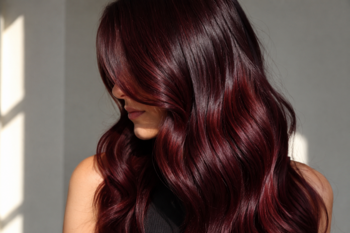 Cinematic editorial close-up of glossy cherry cola hair in deep burgundy-brunette tones with warm red highlights representing the most requested celebrity hair color trend of 2026