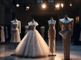 Designers Hub: The Complete Guide to Fashion’s Most Influential Houses Five dress forms displaying iconic fashion house silhouettes in a grand atelier, representing Runway Magazine's complete guide to fashion's most influential designer houses including Chanel, Dior, Versace, Schiaparelli, and Balenciaga