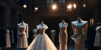 Designers Hub: The Complete Guide to Fashion’s Most Influential Houses Five dress forms displaying iconic fashion house silhouettes in a grand atelier, representing Runway Magazine's complete guide to fashion's most influential designer houses including Chanel, Dior, Versace, Schiaparelli, and Balenciaga