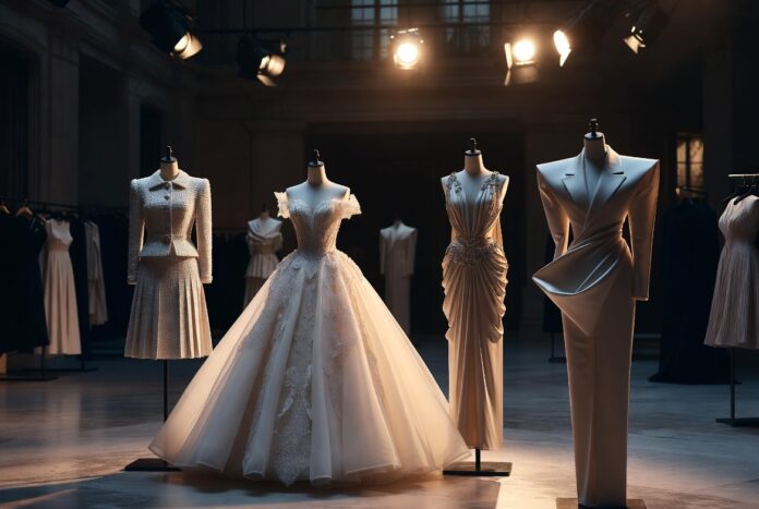Five dress forms displaying iconic fashion house silhouettes in a grand atelier, representing Runway Magazine's complete guide to fashion's most influential designer houses including Chanel, Dior, Versace, Schiaparelli, and Balenciaga