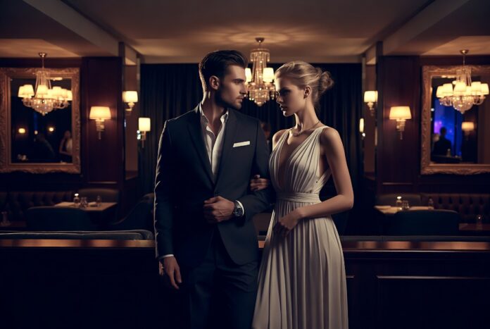 Ethical Non Monogamy Advice and Swingathon Trends Modern couple discussing ethical non-monogamy at an upscale nightlife gathering