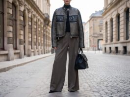 Fashion week attendee in vintage racing jacket and tailored wide-leg trousers with luxury handbag on European street representing the Formula 1 fashion trend and motorcore street style aesthetic of 2026