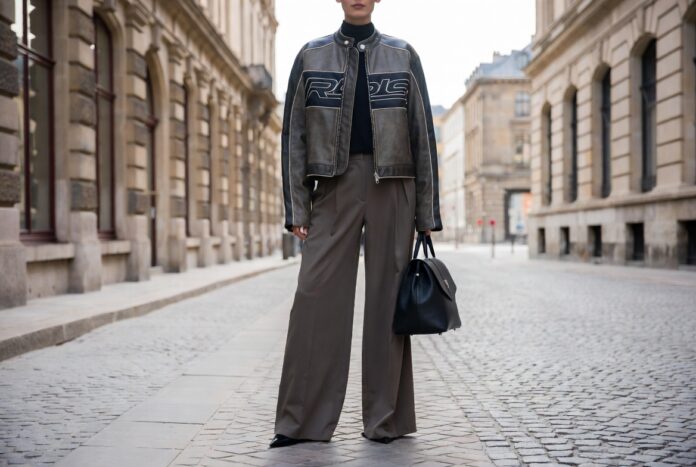 Formula 1 Fashion Trend 2026 — Motorcore Street Style at Fashion Week Fashion week attendee in vintage racing jacket and tailored wide-leg trousers with luxury handbag on European street representing the Formula 1 fashion trend and motorcore street style aesthetic of 2026
