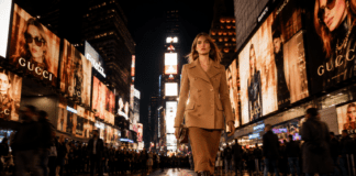 Model wearing a Gucci Cruise 2027 camel peacoat walking the Times Square runway surrounded by Gucci billboard screens at night, May 2026.