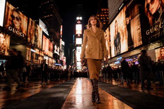 Gucci Cruise 2027 — Demna's Times Square Show Model wearing a Gucci Cruise 2027 camel peacoat walking the Times Square runway surrounded by Gucci billboard screens at night, May 2026.