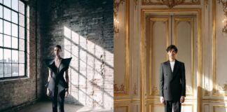 Split editorial image contrasting a London Fashion Week avant-garde runway show with a grand Paris Fashion Week salon presentation, illustrating the key style differences between the two cities