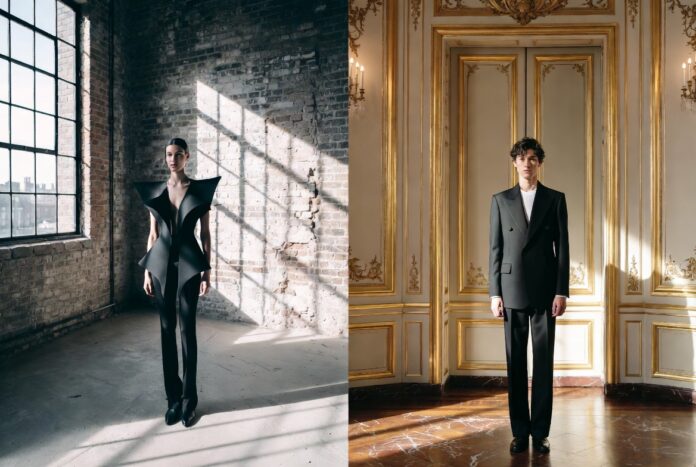 London Fashion Week vs Paris: Key Differences in Style — Runway Magazine Split editorial image contrasting a London Fashion Week avant-garde runway show with a grand Paris Fashion Week salon presentation, illustrating the key style differences between the two cities