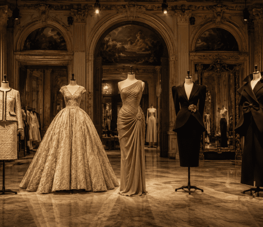 Designers Hub: The Complete Guide to Fashion’s Most Influential Houses Five dress forms displaying luxury fashion houses silhouettes — Chanel, Dior, Versace, Schiaparelli and Balenciaga — in a grand atelier, representing Runway Magazine's complete designers guide