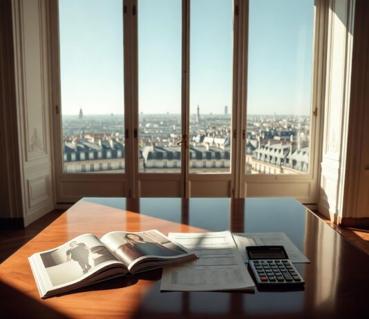 Fashion Business Hub: The Economics, Power & Future of the Luxury Industry A boardroom table with fashion lookbook and financial documents representing Runway Magazine's complete luxury fashion industry hub covering economics power and the future of luxury