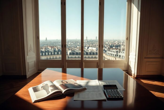 A boardroom table with fashion lookbook and financial documents representing Runway Magazine's complete luxury fashion industry hub covering economics power and the future of luxury