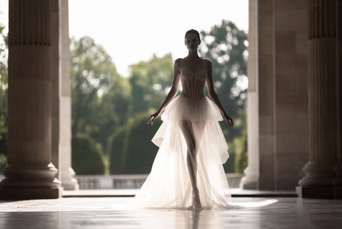 Maria Grazia Chiuri's Dior Couture Runway Legacy — Nine Years of Romantic Femininity Model in diaphanous ivory couture gown in a grand Parisian setting representing Maria Grazia Chiuri's nine-year Dior couture runway legacy and her redefinition of romantic femininity in French luxury fashion