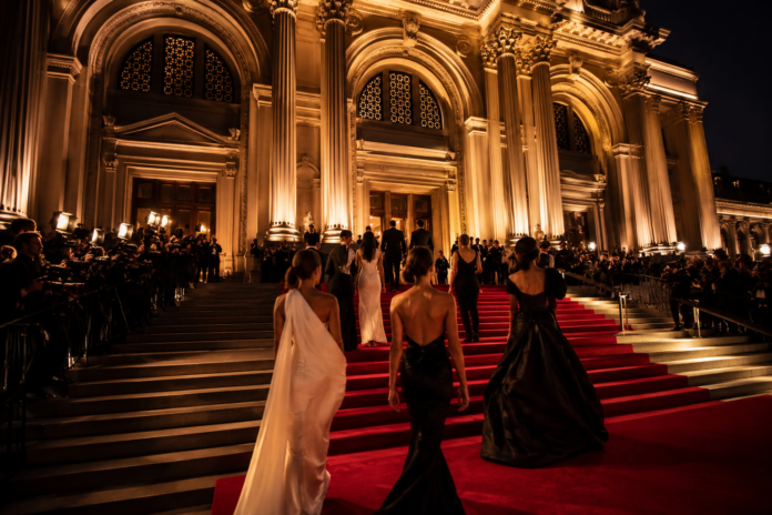 Guests in designer fashion ascending the Metropolitan Museum of Art steps at the Met Gala, representing Runway Magazine's complete history of Met Gala themes from 1948 to 2026