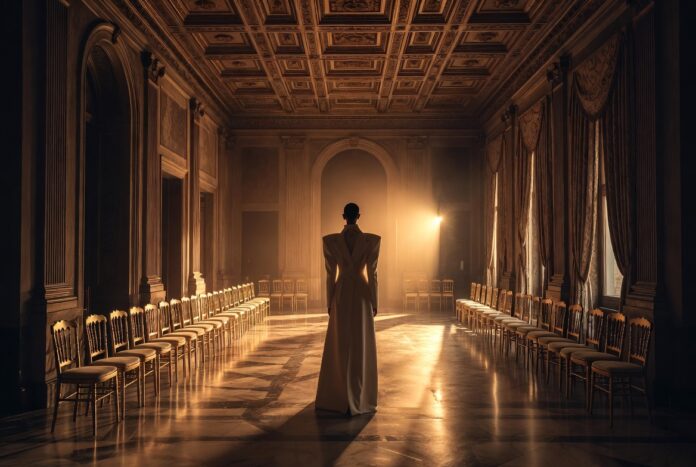 Milan Fashion Week History: From 1958 to Now — Runway Magazine Model in sculptural Italian tailored coat walking a palazzo runway, representing the history of Milan Fashion Week from 1958 to now