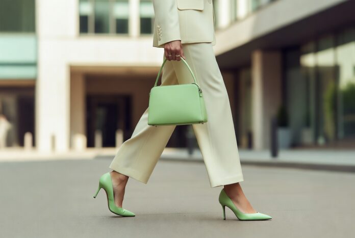Millennial Mint Shoes Trend Spring 2026 Woman styling seafoam green heels during the millennial mint shoes trend in spring 2026 fashion