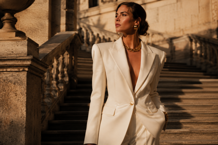 The New Maximalism — Spring/Summer 2026 Fashion Model in a structured ivory wide-shoulder blazer with gold accessories on a sunlit stone staircase representing the new maximalism fashion trend in spring summer 2026