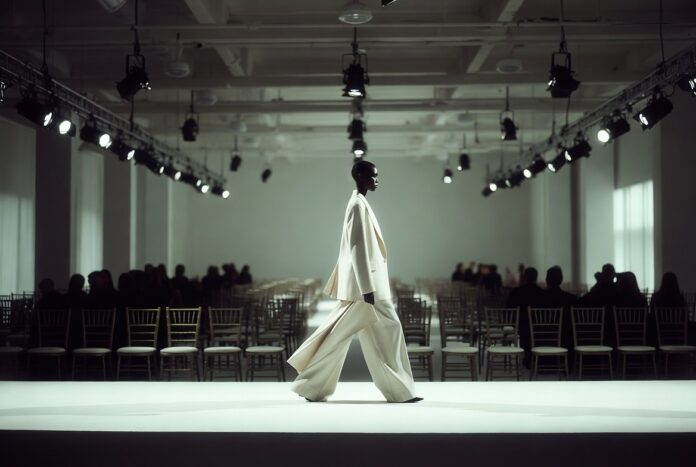 Model in structured ivory tailoring on the NYFW Spring 2026 runway, representing Runway Magazine's complete ranking of every major New York Fashion Week collection