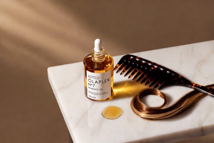 Olaplex No.7 Bonding Oil — 2026 Review Olaplex No.7 Bonding Oil 30ml bottle on a white marble surface with a wide-tooth comb and glossy highlighted hair strand, editorial beauty product photography for a 2026 haircare review.