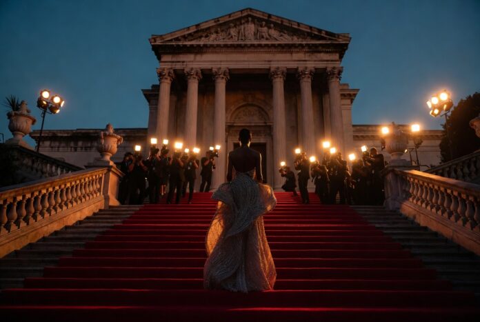A figure in a sculptural designer gown on the Oscars red carpet representing Runway Magazine's complete Oscars best dressed archive from 2000 to 2026