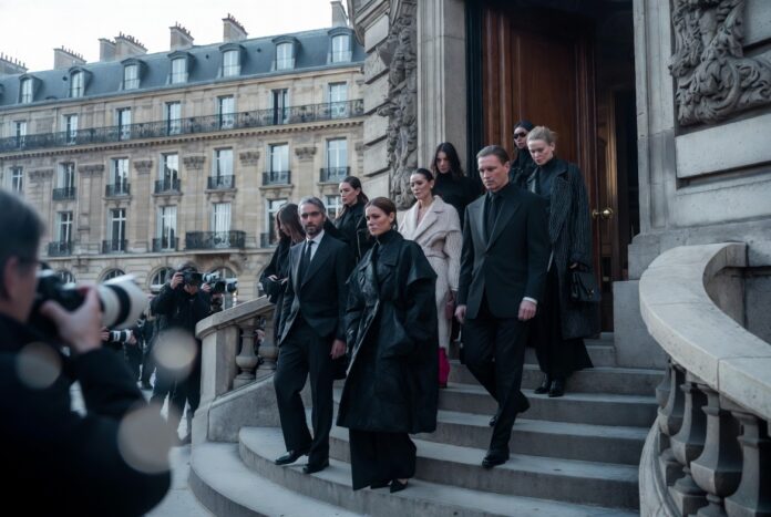 Paris Fashion Week: The Ultimate Attendee Guide — Runway Magazine Elegantly dressed fashion professionals arriving at a Paris Fashion Week show venue, illustrating the Paris Fashion Week attendee guide by Runway Magazine
