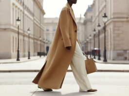 Model in a precisely tailored elongated camel overcoat and wide-leg trousers on a European street representing the quiet luxury 2026 evolution into soft power dressing across global fashion weeks