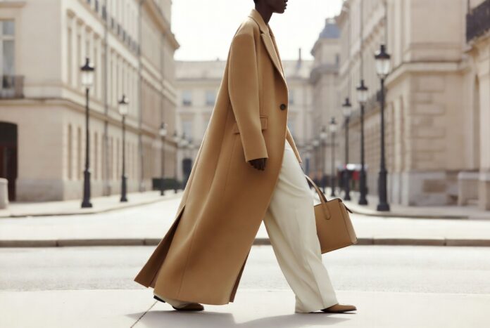 Quiet Luxury 2026 — Soft Power Dressing Across Global Fashion Weeks Model in a precisely tailored elongated camel overcoat and wide-leg trousers on a European street representing the quiet luxury 2026 evolution into soft power dressing across global fashion weeks