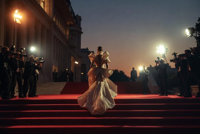 Red Carpet & Events Hub: Every Major Ceremony, Gala & Award Show — Runway Magazine A figure in a sculptural designer gown arrives on the red carpet at a major award show ceremony, representing Runway Magazine's complete red carpet fashion hub