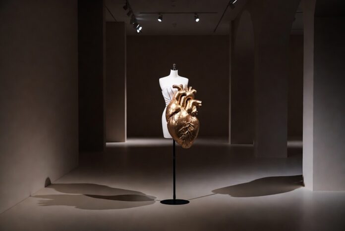 Sculptural couture piece on a dress form in a gallery setting representing Schiaparelli surrealism and the house's most iconic avant-garde designs covered by Runway Magazine