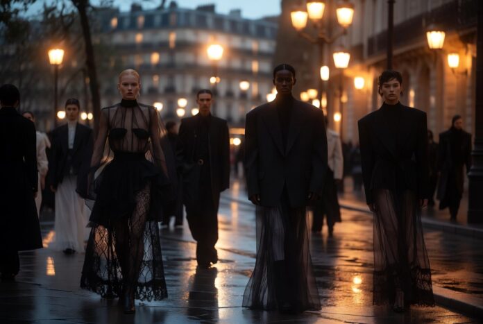 Sheer street style and lace stockings outside Paris Fashion Week venues