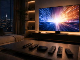 Modern living room with glowing television screen representing the streaming wars 2026 competition between Netflix HBO Max Prime Video and Hulu for viewer attention